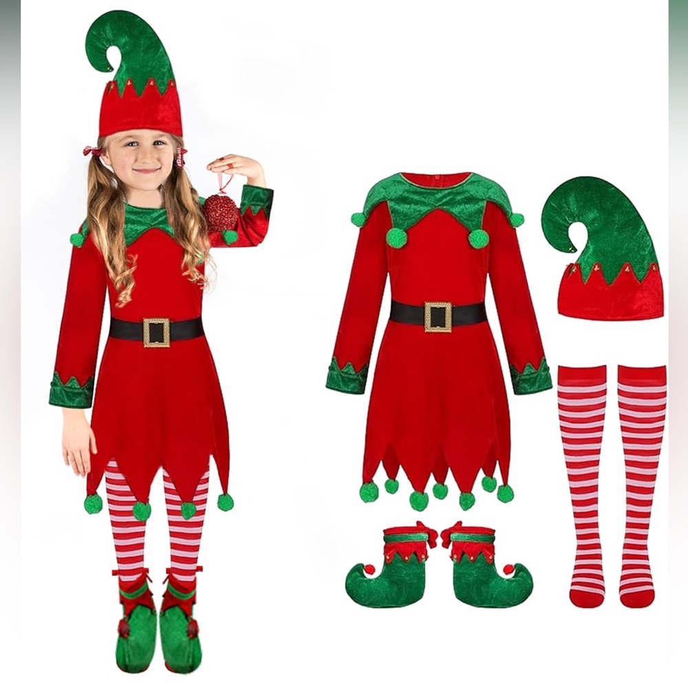NWT Kids Girl Christmas Elf Costume: Velvet Dress Santa Helper Costume Xmas